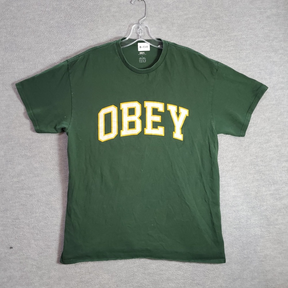 Obey Men Shirt Large Green Logo Spellout World Wide Graphic Tee READ